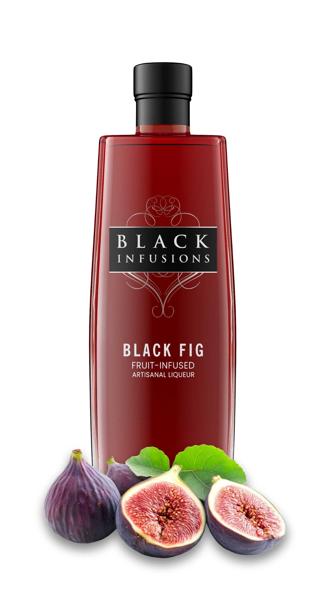Bottle of Black Infusions Black Fig fruit-infused liqueur with figs on a white background