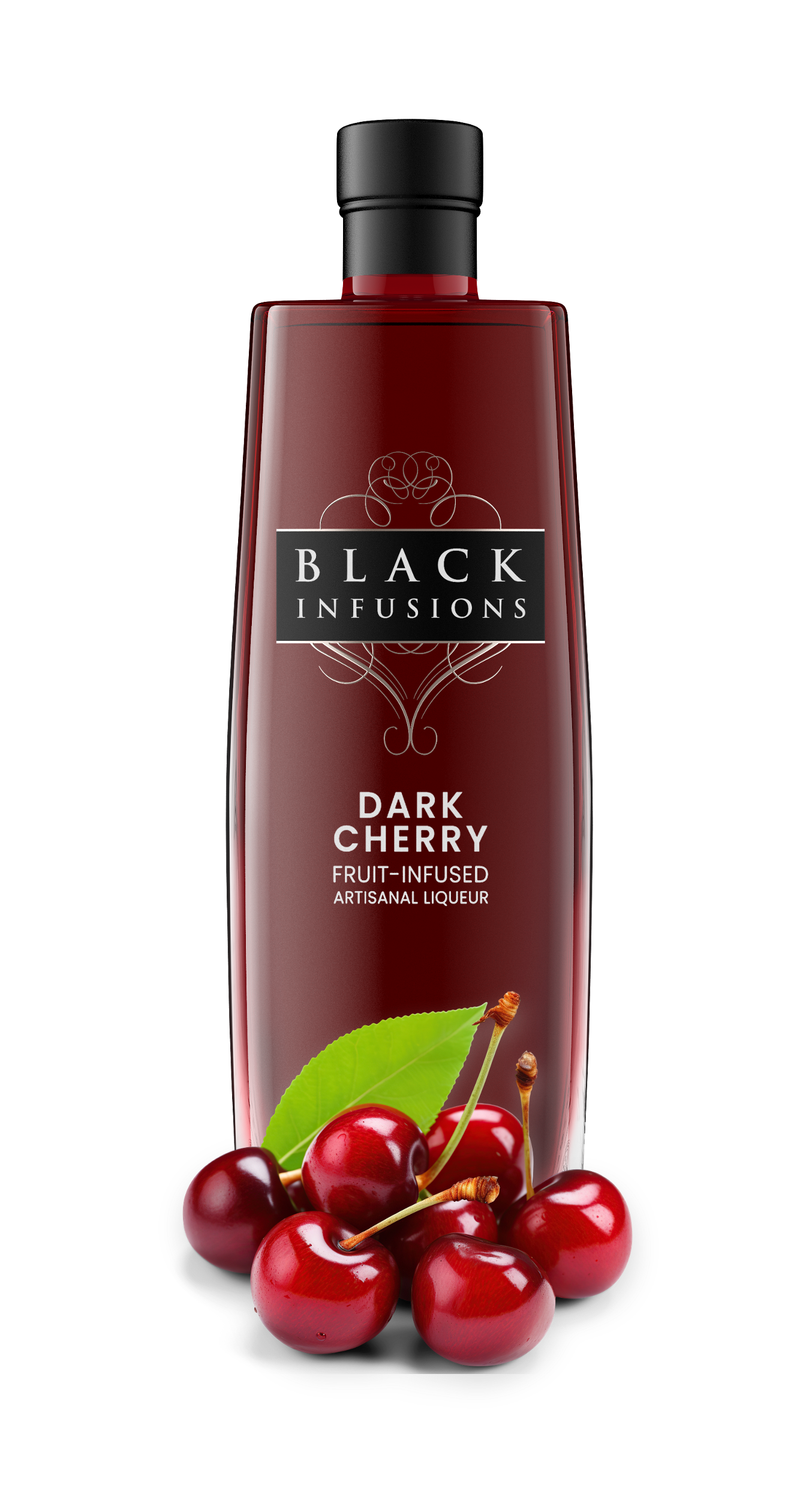 Bottle of Black Infusions Dark Cherry fruit-infused liqueur on a white background with cherries.