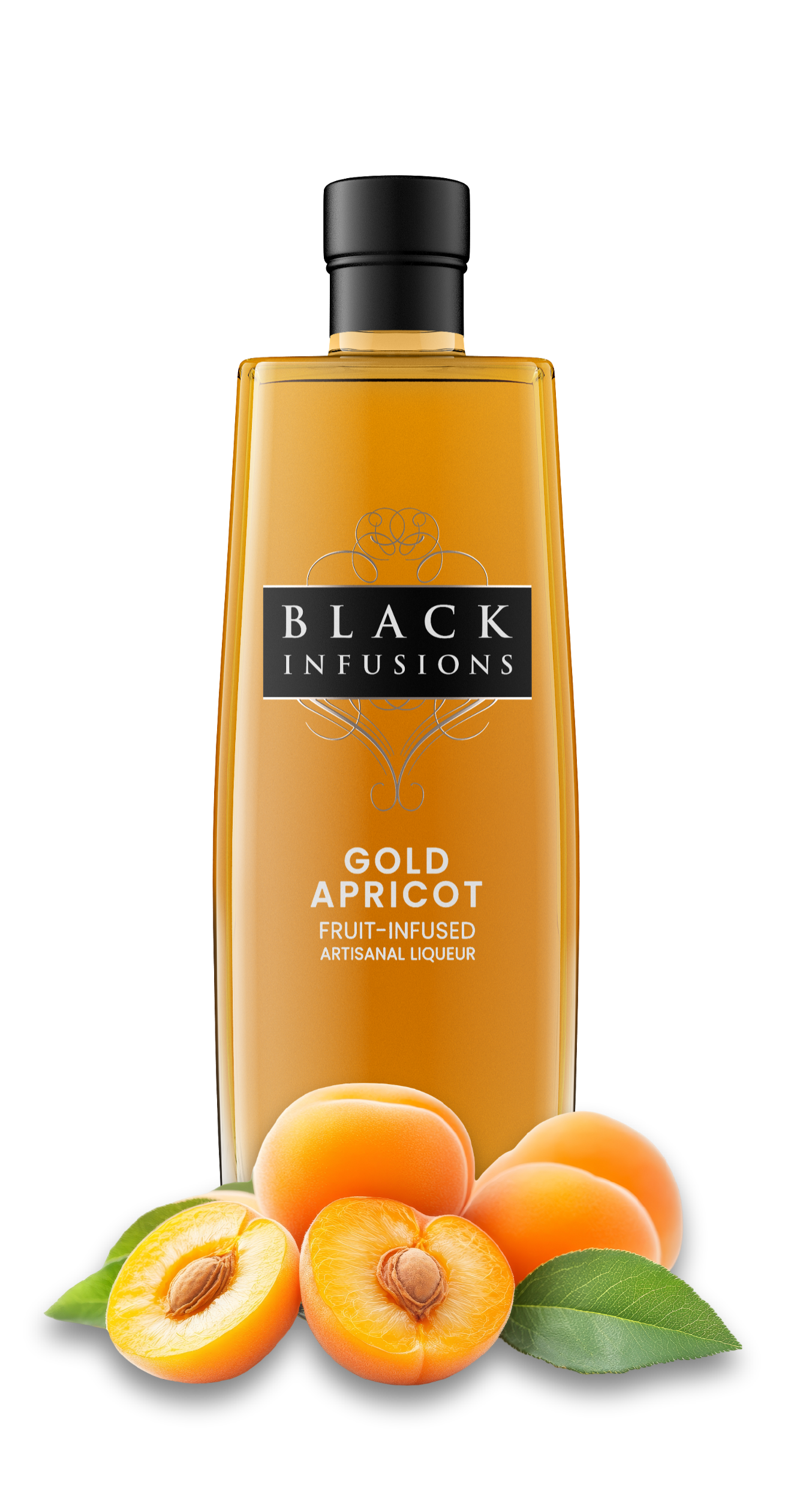Bottle of Black Infusions Gold Apricot fruit-infused liqueur with apricots and leaves on a white background